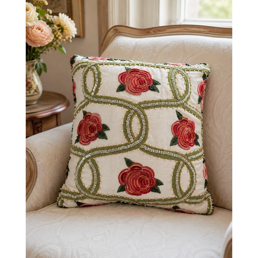 MacKenzie-Childs Really Rosy Ribbon Pillow Embroidered 18x18 AS:IS